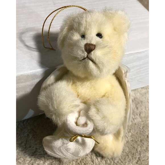 Russ Berrie Angel Bear Plush Ornament Holding Stocking Feather Wings 5" - Picture 1 of 7